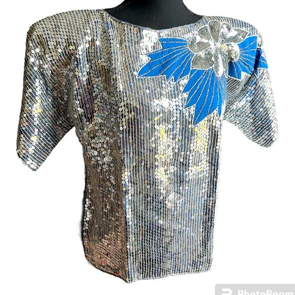 Vintage 80s Joseph le Bon Silver Blue Sequin Silk Short Sleeve Blouse Size Med - Picture 1 of 9